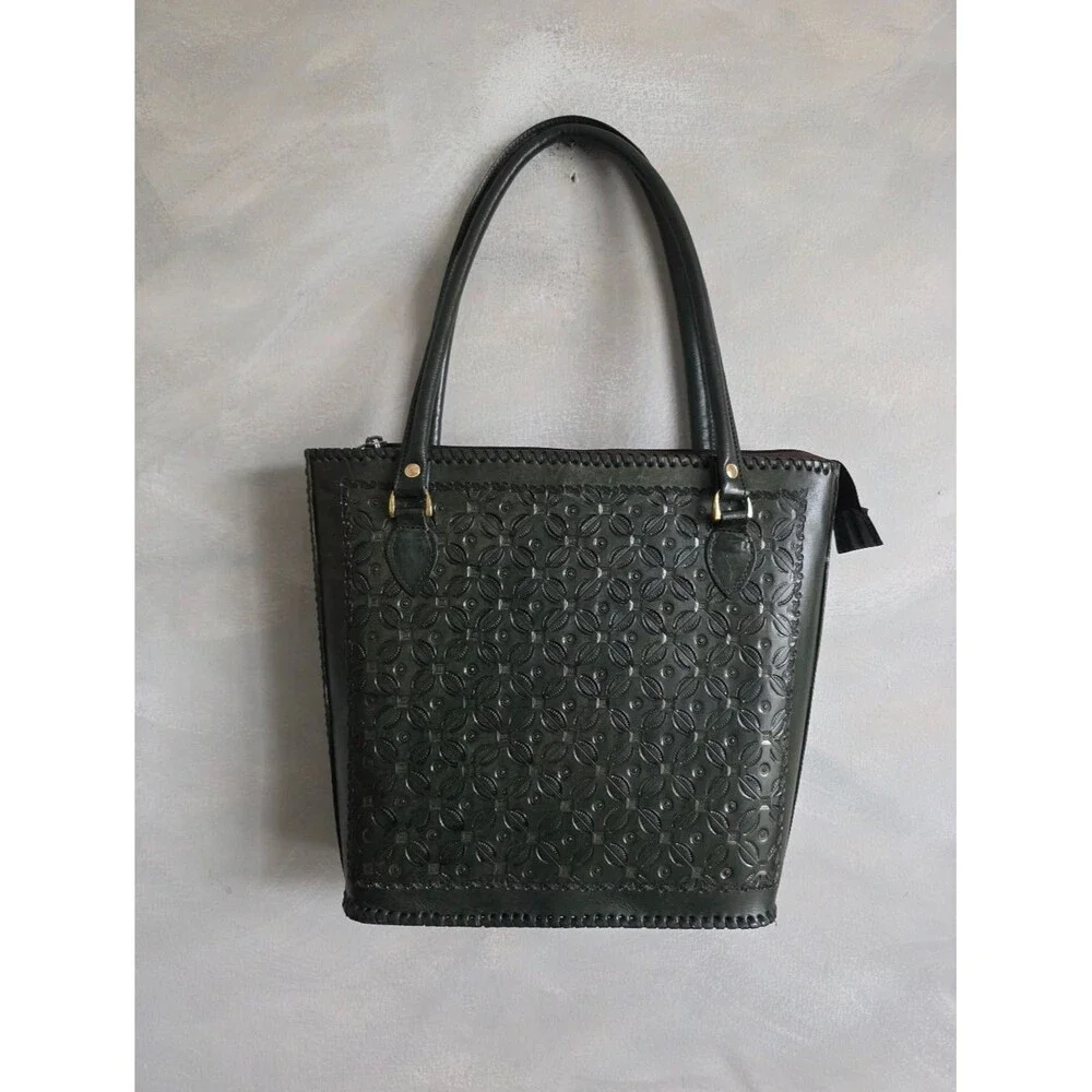 Vtg Green Hand Tooled Whipstitch Trim Tote Shoulder Bag Structured 12x14x4